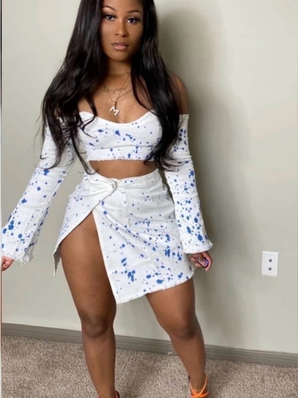 White and Blue Paint-Splatter Skirt set
